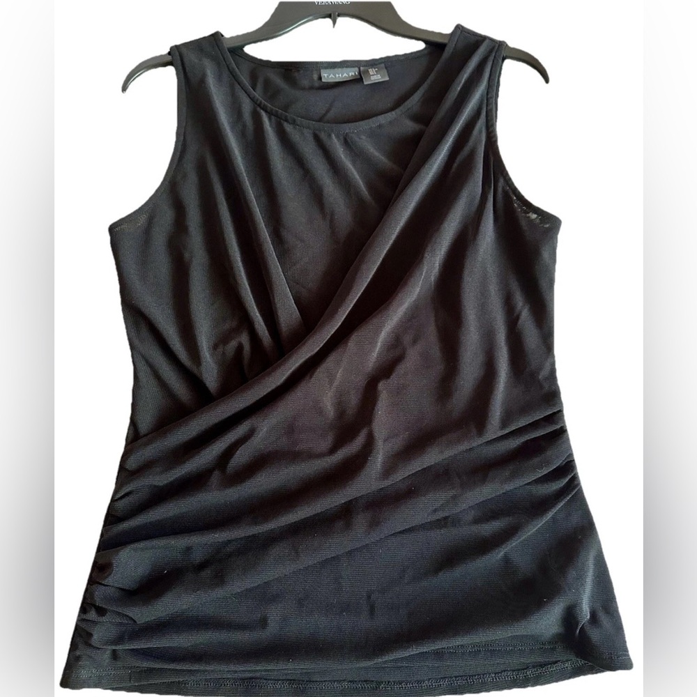 Tahari Women Faux Wrap Mesh Ruched Tank Top Blouse Black Sz L Large Minimal Mod